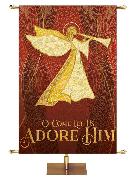 Angel with Trumpet in Gold facing right O Come Let Us Adore Him Christmas Mosaic Design in Blue, Green, Red or Purple