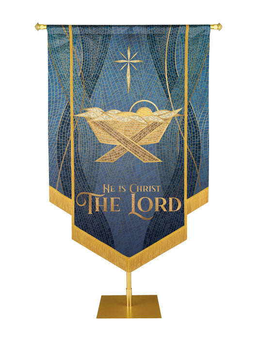 Christmas Mosaic Embellished Manger Left, He Is Christ The Lord Banner, Blue