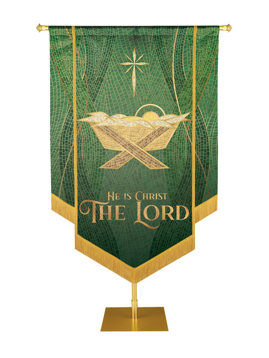 Christmas Mosaic Embellished Manger Left, He Is Christ The Lord Banner, Green