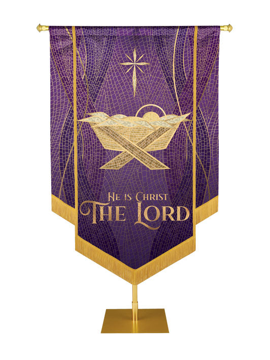 Christmas Mosaic Embellished Manger Left, He Is Christ The Lord Banner, Purple