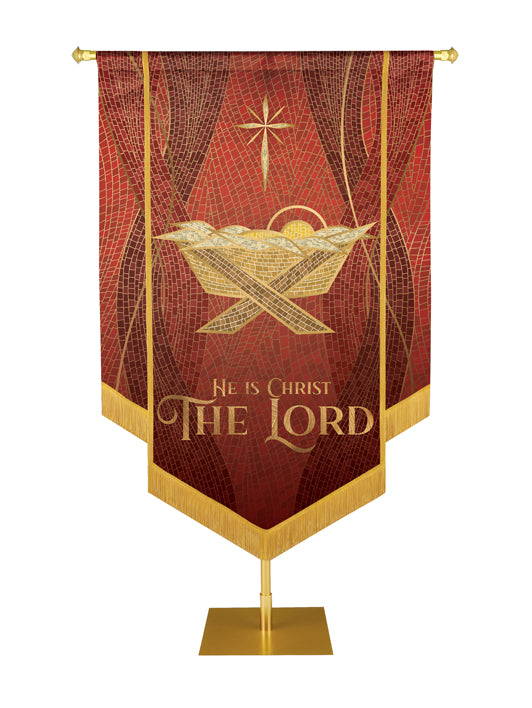 Christmas Mosaic Embellished Manger Left, He Is Christ The Lord Banner, Red