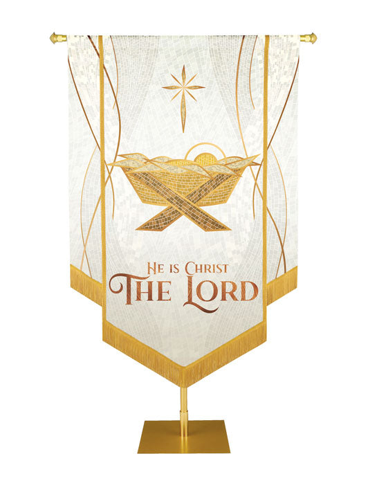 Christmas Mosaic Embellished Manger Left, He Is Christ The Lord Banner, White