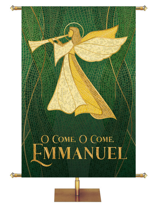 Angel with Trumpet in Gold facing left O Come O Come Emmanual Christmas Mosaic Design in Blue, Green, Red or Purple