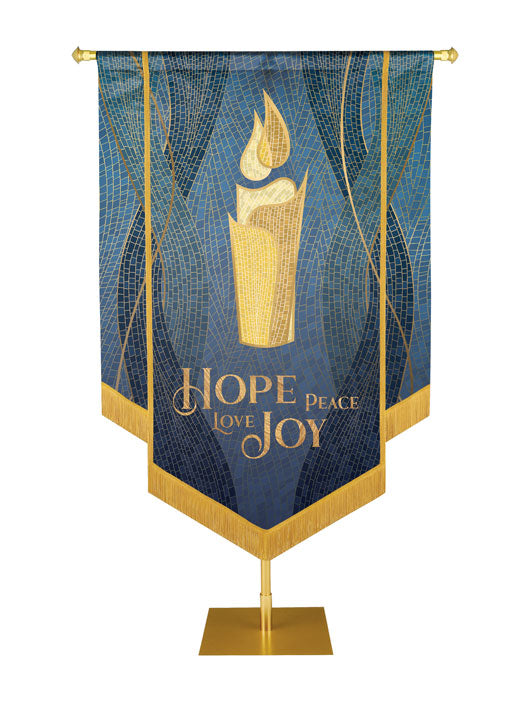 Christmas Mosaic Embellished Candle Left, Hope, Peace, Love, Joy Banner, Blue