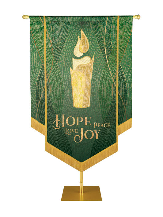 Christmas Mosaic Embellished Candle Left, Hope, Peace, Love, Joy Banner, Green