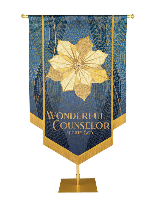Christmas Mosaic Embellished Poinsettia Right, Wonderful Counselor Mighty God Banner, Blue