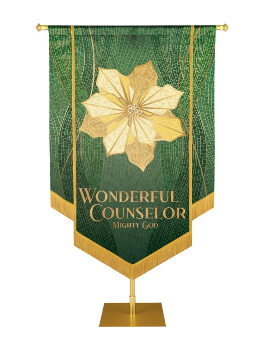 Christmas Mosaic Embellished Poinsettia Right, Wonderful Counselor Mighty God Banner, Green
