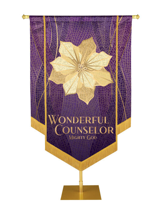 Christmas Mosaic Embellished Poinsettia Right, Wonderful Counselor Mighty God Banner, Purple