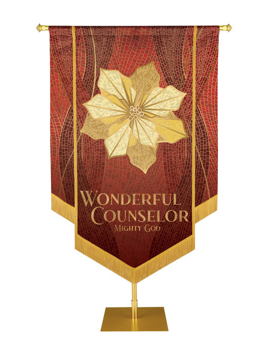 Christmas Mosaic Embellished Poinsettia Right, Wonderful Counselor Mighty God Banner, Red