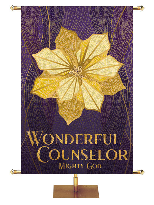 Poinsettia in Gold facing left Wonderful Counselor Mighty God Christmas Mosaic Design in Blue, Green, Red or Purple