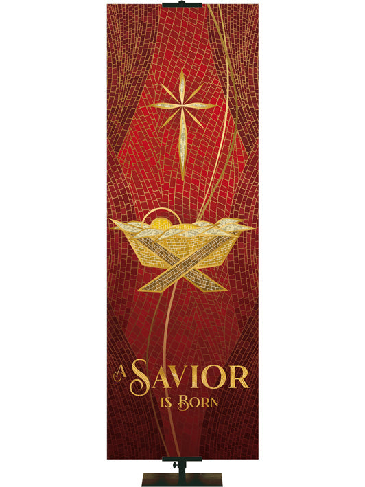 Overstock Christmas Mosaic A Savior Is Born (2 ft x 6 ft, Red, Pole Hems)