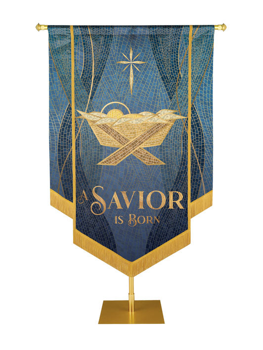 Christmas Mosaic Embellished Manger Right, A Savior Is Born Banner, Blue