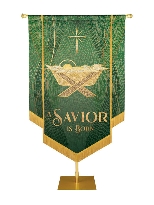 Christmas Mosaic Embellished Manger Right, A Savior Is Born Banner, Green