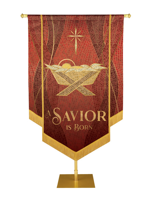 Christmas Mosaic Embellished Manger Right, A Savior Is Born Banner, Red