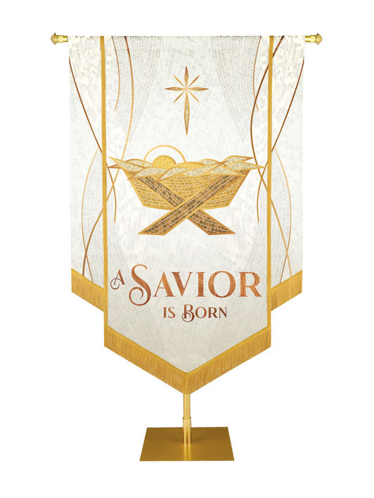 Christmas Mosaic Embellished Manger Right, A Savior Is Born Banner, White