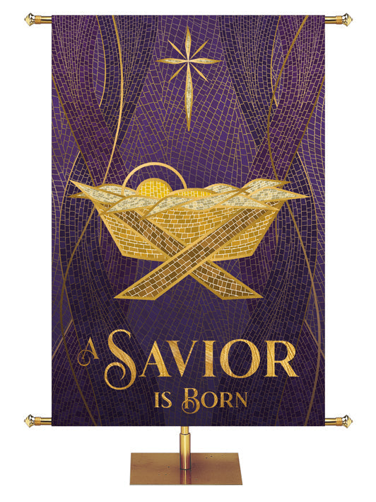 Overstock Christmas Mosaic A Savior Is Born (5 ft x 7 ft, Purple, Pole Hems)