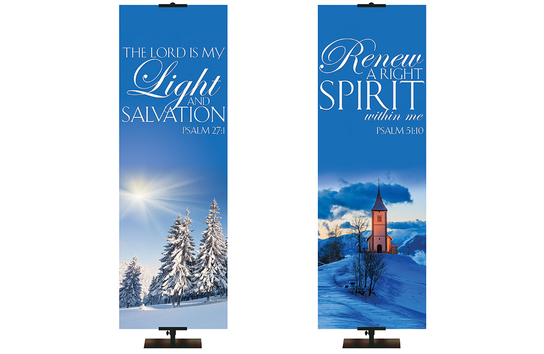 Buy One Get One Free Banner Offer - Portraits of Sacred Winter - The Lord Is My Light Psalm 27:1 & Renew A Right Spirit Psalm 51:10