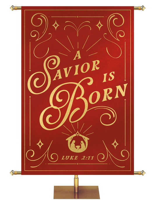 Shimmering Christmas A Savior is Born Overstock Clearance Banner 3X5 Red