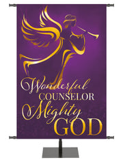 Wonders of Advent Wonderful Counselor Mighty God Angel Right in Blue, Green, Purple and Red, with gold foil accents