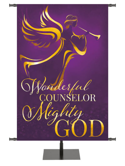 Wonders of Advent Wonderful Counselor Mighty God Angel Right in Blue, Green, Purple and Red, with gold foil accents