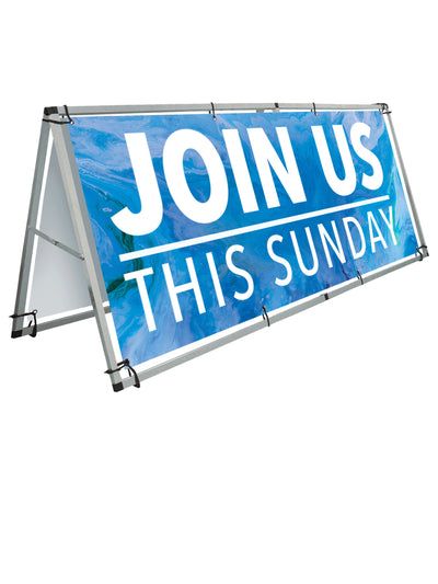 Gospel Impressions Design Join Us Outdoor Horizontal Vinyl Banner and A-Frame Sign Set in Blue, Purple, Red and Teal