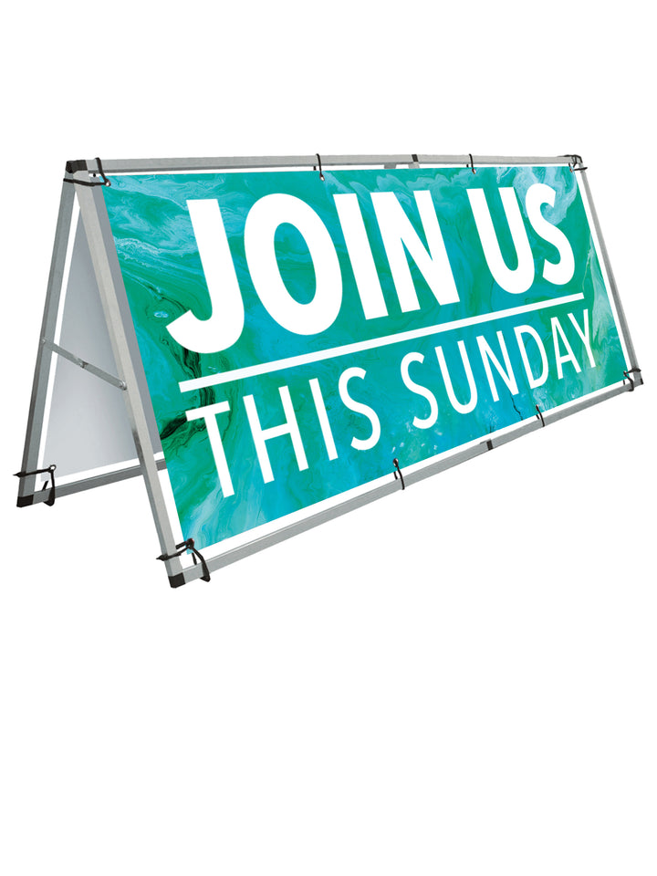 Gospel Impressions Design Join Us Outdoor Horizontal Vinyl Banner and A-Frame Sign Set in Blue, Purple, Red and Teal