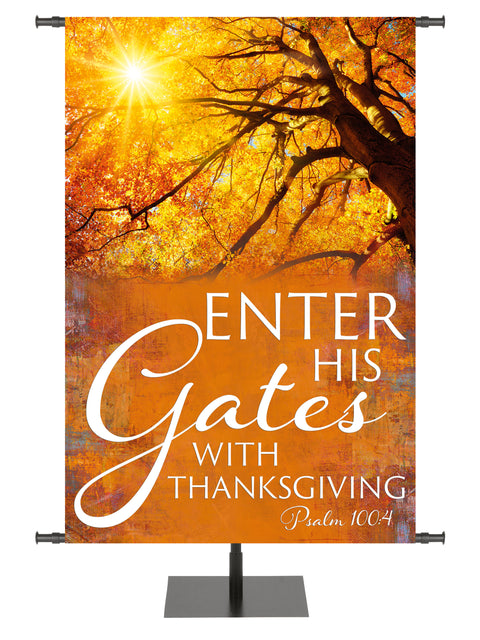 Arbors of Autumn Enter His Gates with Sunlight through Tree Banner for Fall and Thanksgiving Design 2