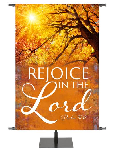 Arbors of Autumn Rejoice in the Lord with Sunlight through Tree Banner for Fall and Thanksgiving Design 2