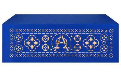 Altar Frontal Cloth for Church Altars with Ecclesiastical Collection Alpha and Omega design in blue, green, purple and red.