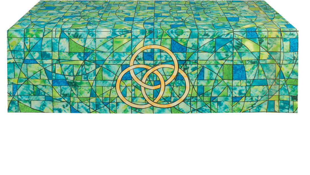 Frontal Cloth for Church Altar with Trinity symbol in gold on altar cloth in the look of stained glass in hues of blue and green
