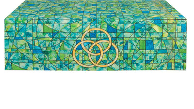 Frontal Cloth for Church Altar with Trinity symbol in gold on altar cloth in the look of stained glass in hues of blue and green