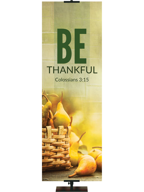 Church Banner for Autumn with basket of pears and verse Colossians 3:15