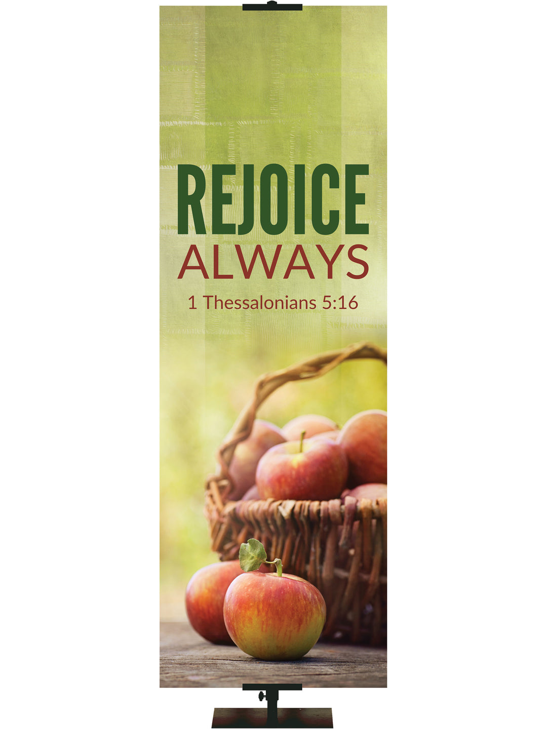 Church Banner for Autumn with basket of fruit and verse 1 Thessalonians 5:16
