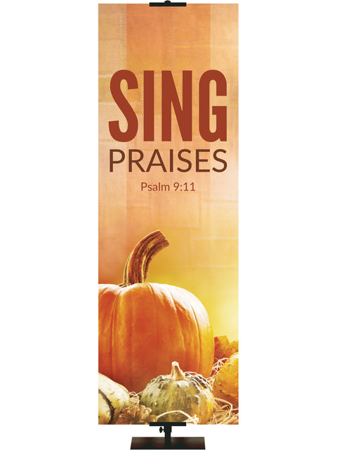 Church Banner for Autumn with pumpkins and verse Psalm 9:11