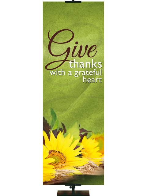 Bountiful Harvest Fall Banner Give Thanks With A Grateful Heart with sunflowers and fall-colored leaves
