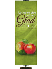 Bountiful Harvest Fall Banner Let Us Rejoice and be Glad In it Psalm 118:24 with harvest apples on green background
