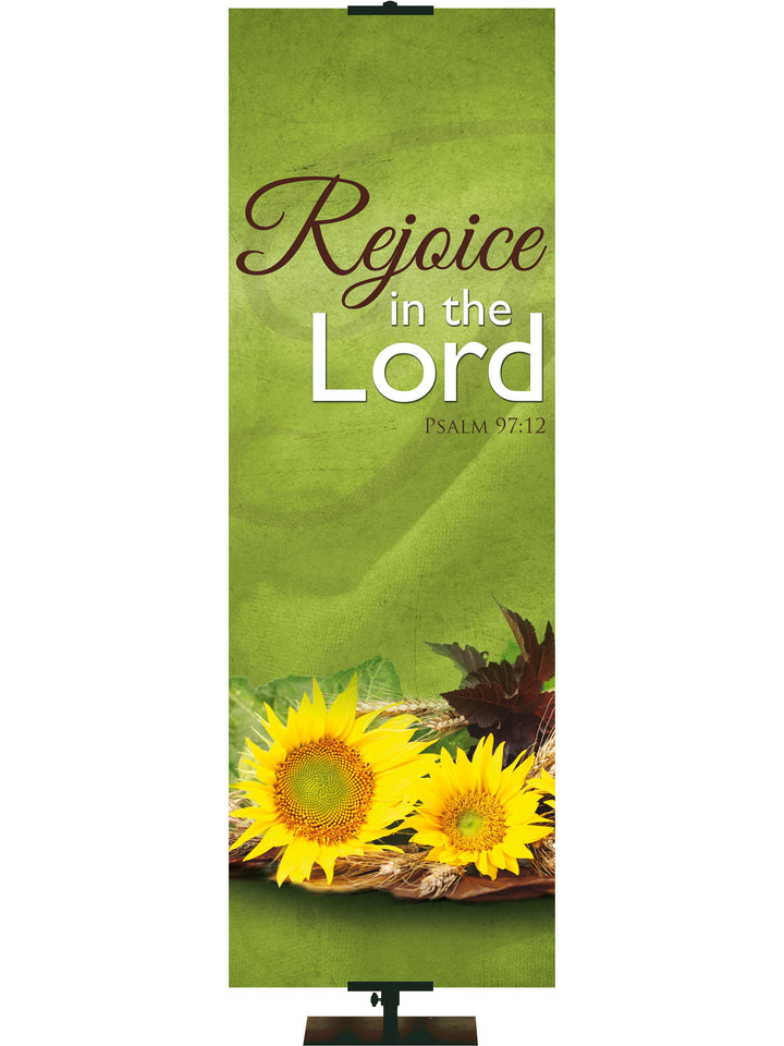 Bountiful Harvest Fall Banner Rejoice in the Lord Psalm 97:12 with sunflowers and fall-colored leaves