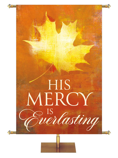 Church Banner Brush Strokes of Autumn His Mercy is Everlasting painted style yellow leaf on gold background