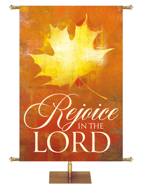 Church Banner Brush Strokes of Autumn Rejoice in the Lord painted style right yellow leaf on gold background