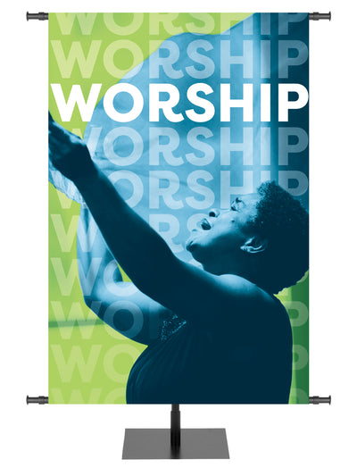 Church Banner Community of Faith featuring worshiper with arms outstretched toward heaven.