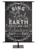 Banner for churches and missions with message in white Proclaim His Salvation 1 Chronicles 16:24