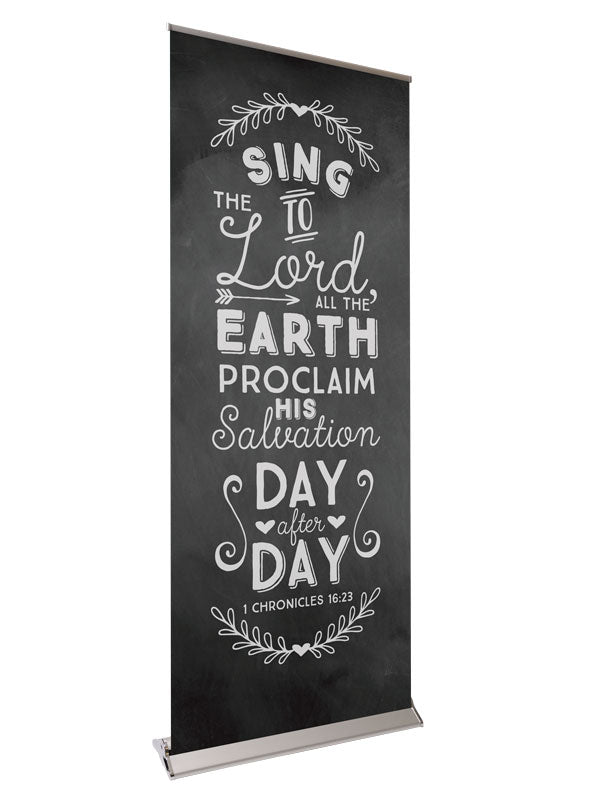 Retractable Banner with Stand Chalk Board Proclaim His Salvation - Mission Banners - PraiseBanners