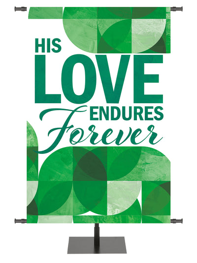 Circle of His Truth Church Banner with intertwined circles and verse His Love Endures Forever available in multi-color, purple, blue, and green