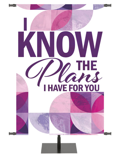 Circle of His Truth Church Banner with intertwined circles and verse I Know The Plans available in multi-color, purple, blue, and green