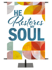 Circle of His Truth Church Banner with intertwined circles and verse He Restores My Soul available in multi-color, purple, blue, and green