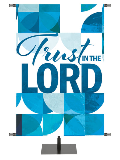 Circle of His Truth Church Banner with intertwined circles and verse Trust In The Lord available in multi-color, purple, blue, and green