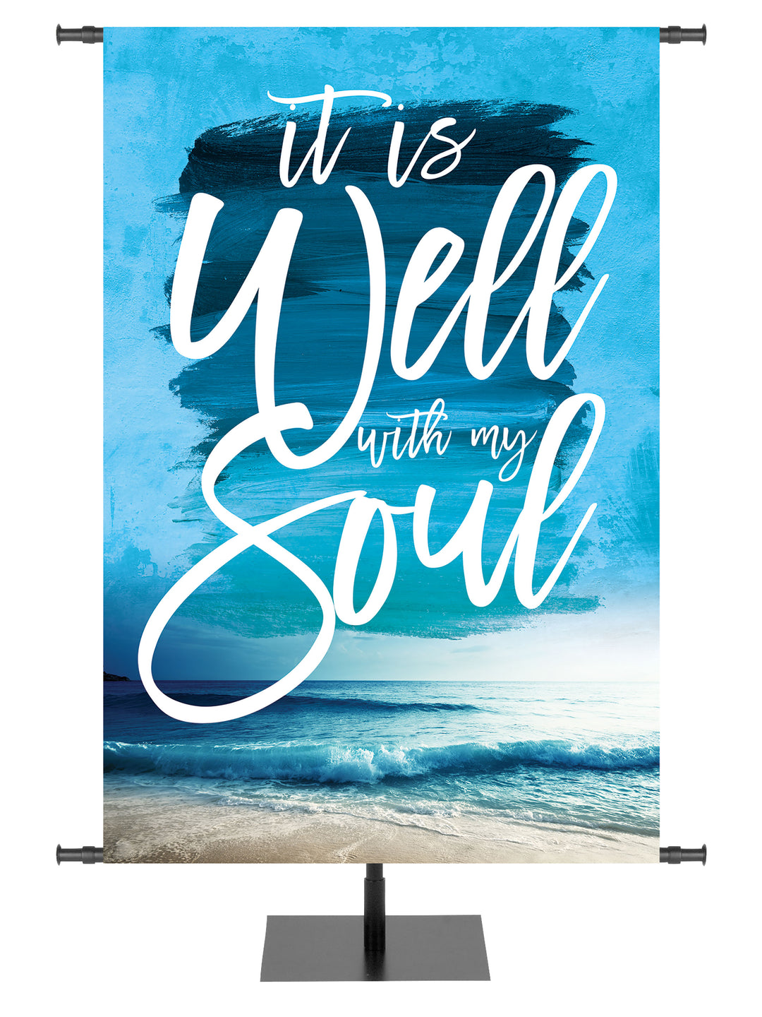 Church Banner with blue crashing waves on beach and verse It is Well with my Soul