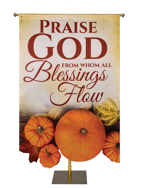 Church Banner for Autumn and Thanksgiving Praise God with Sculpted Pumpkins (Left)