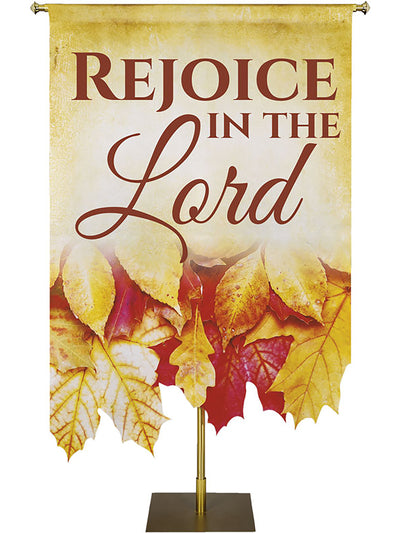 Church Banner for Autumn and Thanksgiving Rejoice In The Lord with Sculpted Fall Leaves (Left)
