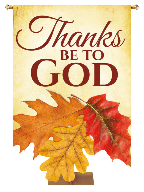 Church Banner for Autumn and Thanksgiving Thanks Be To God with Sculpted Gold and Red Leaves (Left)